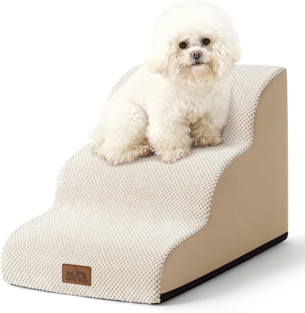Dog Stairs for Small Dogs 15.7" H, Pet Step with Leakproof Cover, High Density Foam Cat Ramp for Couch, Sofa or Chair, Lightweight, Durable, Comfort, 15.7x22.4x15.7 inch, 3 Step, Beige